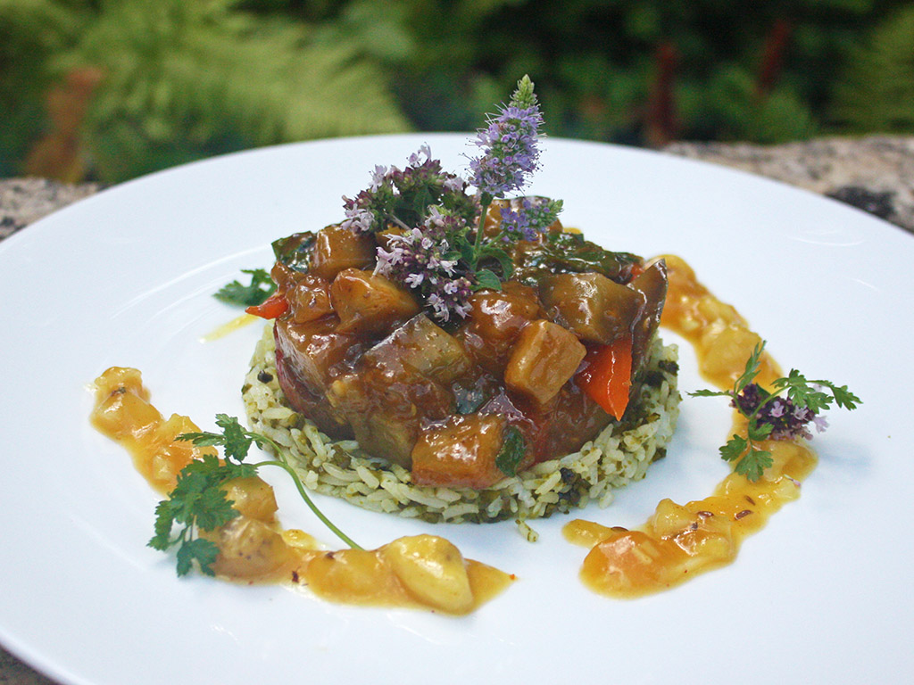 Ayurveda Rezept: Auberginenragout auf Pistazienreis und Mango-Chutney | Ayurveda Parkschlösschen Health Blog