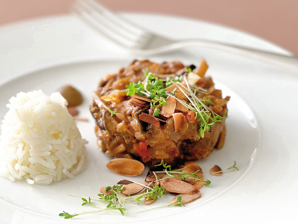 Auberginenragout mit Mandeln | Ayurveda Rezeptkarten Sammlung "Parkschlösschen Klassiker" | Ayurveda Parkschlösschen Health Blog